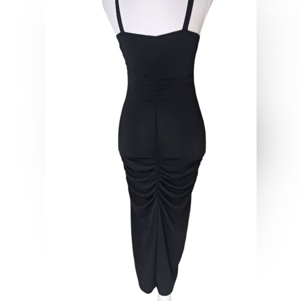 Black Bodycon Ruched Midi Dress Sleeveless w/Spaghetti Straps Front Slit Small
